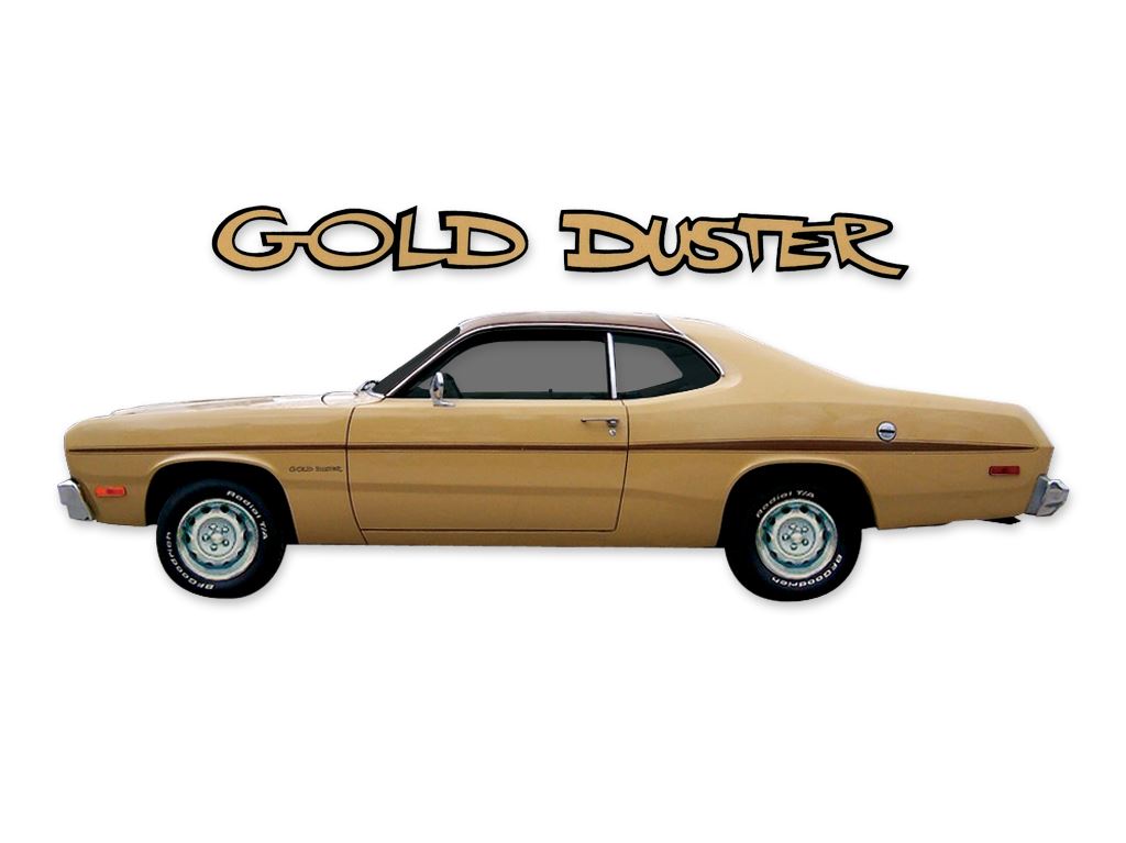 Gold Duster Sides Stripe Kit.  Kit includes:  (2) Front fender Stripes, (2) door Stripes, (2) Rear Quarter panel stripes, (1) tail panel stripe and (3) "Gold Duster" names all in Matte Black