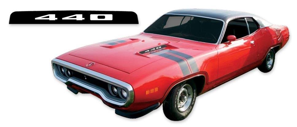 GTX Hood to Fender Wide Stripes Kit (Includes "Plymouth" Circle, "Plymoth GTX" & Engine Numerals). Reflective. Black