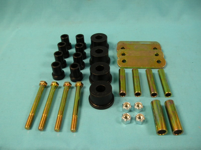 Shackle Package - 2" Front Eye Bushing diameter, 5/8" eyebolt diameter with URETHANE 1" rear shackle bushing with H/D shackles - SET (BLACK)