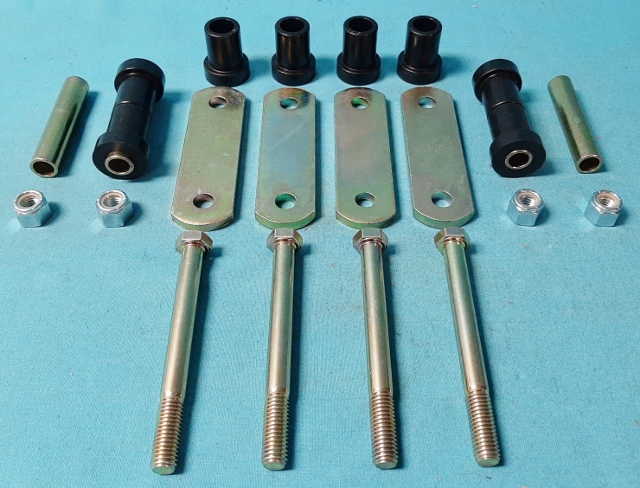 Shackle Package - 2" Front eye bushing dia. 5/8" eyebolt dia.,  with 1" Rear URETHANE Shackle Bushing with H/D shackles -  SET