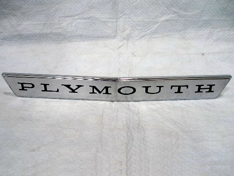 "PLYMOUTH" Hood Nameplate - original part #2445 143.  Stud location from stud to stud is 8".
