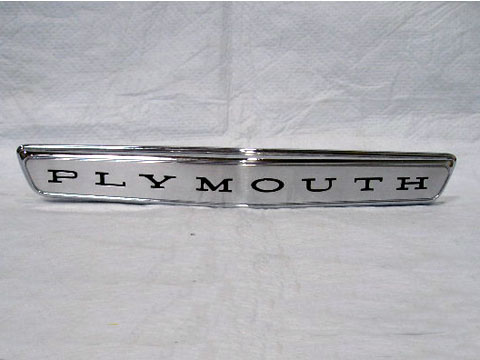 Hood "PLYMOUTH" emblem.  Stud location from stud to stud for mounting is 6" apart from each other...so if thinking of using on 1964 or other hoods - bear that in mind.