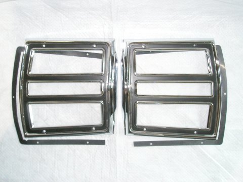 Pair of Taillight bezels.  New reproductions that are a two part alloy metal that won't pit - not like others on market that are pot-metal reproductions pitting out of the box. (discount exempt).