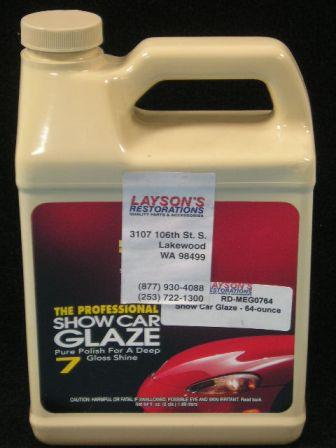 <b>Show Car Glaze:</b>  Outshines all other hand applied polishes, glazes, waxes, and sealants.  Restores a dazzling, deep, wet shine.  Does not dry white.  Safe & effective on all paint finishes.  Safe for use in the paint shop.  <i>Show Car Glaze - 64-ounce</i>