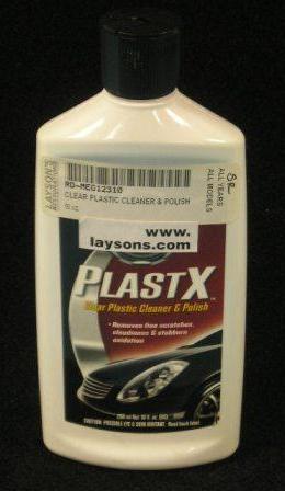 PlastX Clear Plastic Cleaner & Polish  -  Cleans & polishes all clear plastic surfaces.  This easy-to-use, rich gel formula quickly restores optical clarity to both rigid and flexible clear plastics.  Cutting-edge advancements in Meguiar's exclusive Microscopic Diminishing Abrasive Technology, removes light oxidation, chemical degradation, surface contamination, stains add light surface scratches with ease.  In addition, because our microscopic diminishing abrasives breakdown as you use them, PlastX is safe on plastic rear windows on convertible tops, aircraft windows, motorcycle fairings, face shields, headlights, and taillights, instrument panels, all clear plastic surfaces.  Meguiar's PlastX also contains highly water-resistant polymers.  These specialized hi-tech polymers provide long lasting durable protection to keep your clear plastics clear and beautiful longer.  PlastX is non-toxic and does not contain any harsh solvents.  10-ounce lotion