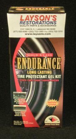 <b>Gold Class Endurance Tire Protectant Gel:</b>  Lasts weeks...Not Days!!  Stops Tires from Turning Brown!  Endurance continues to be a favorite among enthusiasts looking for superior performance with great looks.  It meets the consumer's demand for a product that lasts weeks instead of days like oridinary protectants.  Endurance goes beyond longevity, this unique formula stops tires from turning brown and it eliminates the mess of overspray, drips, streaks, and spotted driveways.  Endurance is available in a natural finish as well as a high gloss.  <i>Gold Class Endurance Tire Protectant Gel - 10-oz. Natural finish gel kit with applicator</i>