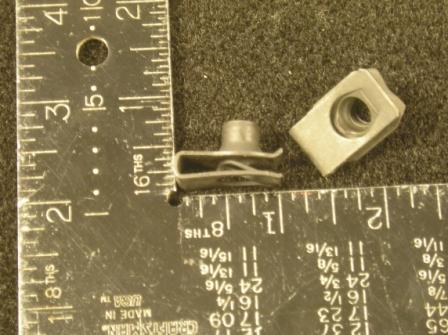 Various applications.Support tray to brace nut. This phosphate-coated nut mounts in the end of support brace, allowing the bolt at the bottom of the battery tray to thread into it.