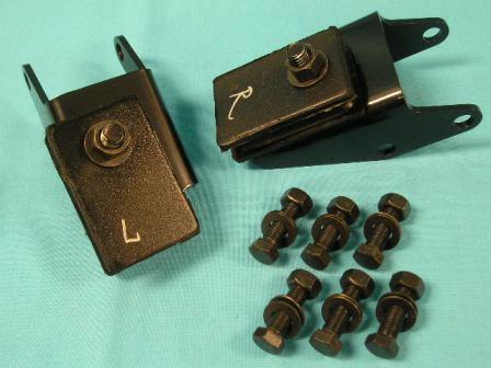Engine Mount Conversion Kit, (Small Block V8 273/318 to  Small Block V8 340/360) For those of you wishing to move up to a Small Block V8 340/360 or New Magnum 360, we now have this conversion kit. 
This kit allows you to bolt up a 340/360 (Magnum also) directly to your V8 273/318 K-member.  Fits all factory accessories like power steering, power brakes and A/C. Note:  The oil pan must be a low profile center sump style - standard on most passenger cars.

This kit also can be used for the hard-to-find brackets that are mandatory for V8 340/360 replacements.  Kit includes powder-
Coated brackets, factory-style insulators & grade 8 bolts.