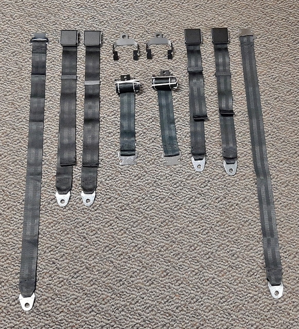 Seat Belts - Bucket Seat (drivers & Passenger) front lap belts with over shoulder 3 point belt.  Provide color choice at time of order or in the notes on a website order...