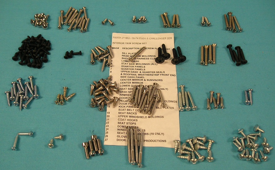 Interior Screw Kit - Hardtop (219 pieces)-12 sill plate mldg.,14 windsheild mldg. (rear), 2 roofrail mldg., 2 should harness clip, 3 dash (lower), 4 seat side mldg. (bench-2 buckets-4), 6 quarter panel, 6 dash (upper), 8 door seal, 8 quarter seal, 1 dash heater cover, 2 dash panel (sides), 6 sunvisor, 3 center mirror, 2 quarter panel (lower not seen), 4 seat side mldg. (bench-2 buckets-4), 4 speaker cover (dash), 4 armrest, 4 pillar mldg., 16 door panel, 2 kick panel mldg., 4 seat belt collar (floor) (70 model), 4 molded seat back, 5 windshield molding (upper), 2 coat hook, 2 seat stop, 2 dome light and 4 window handle screws.