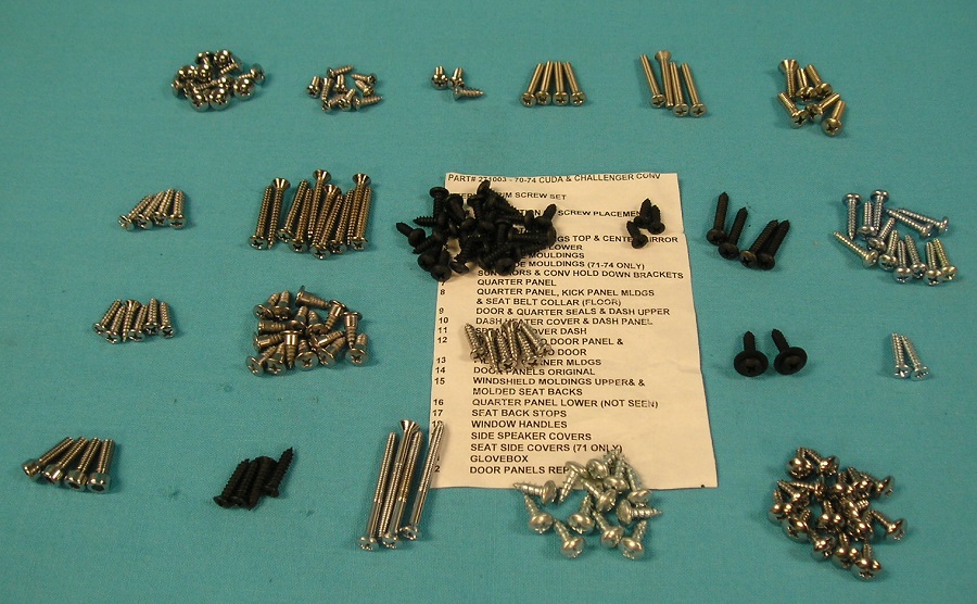 Interior Screw Kit - Convertible (201 pieces)- 12 sill plate mldg.,2 center mirror, 7 windshield mldg. (top), 3 dash (lower), 4 seat side mldg., 6 sunvisor & conv. H/D bracket, 8 quarter panel, 2 kick panel, 4 seat belt collar (floor), 8 door seal, 8 quarter seal, 1 dash heater cover, 2 dash panel (sides), 4 speaker cover (dash), 4 armrest, 6 pillar and corner mldg., 16 door panel, 2 windsheild mldg. (upper), 6 dash screws (upper), 4 molded seat back, 2 quarter panel (lower not seen), 2 seat back stop, 4 window handle and 4 side speaker cover screws.