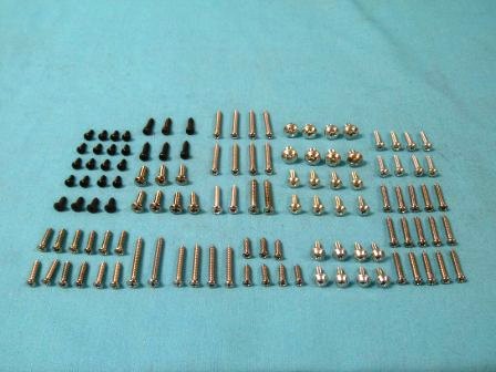 Interior Screw Kit, 2dr Hardtop (113 screws) - 8 headrest collar, 4 interior light (rear), 2 kick panel, 6 pillar mldg, 5 windshield mldg (front), 4 seat side mldg, 4 seat back mldg, 9 windshield mldg (rear), 6 quarter panel, 4 steering column cover, 6 quarter panel, 4 steering column cover, 6 sunvisor, 3 center mirror, 2 coat hook, 8 sill plate (outer), 8 door seal and weatherstrip, 8 quarter seal, 6 dash bezel, 8 armrest bezel, and 8 armrest pad screws