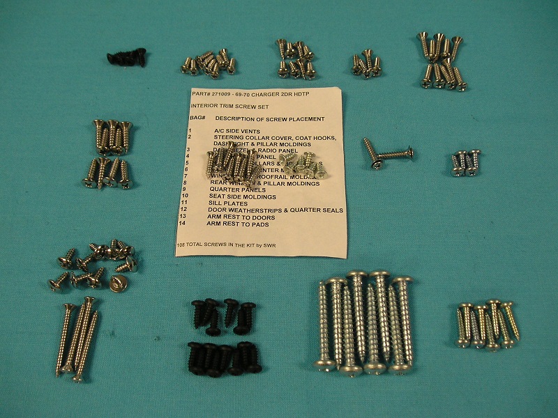 Interior Screw Kit - Charger (156 screws)- 4 A/C side vent, 2 coat hook, 3 dash light, 4 pillar mldg., 4 steering column cover, 5 dash bezel, 3 radio panel, 4 dash heater panel, 8 headrest collar, 2 kickpanel, 3 center mirror, 6 sunvisor, 6 windshield mldg., 2 roofrail mldg., 4 windshield mldg. (rear), 2 pillar mldg, 2 quarter panel, 4 seat side mldg., 14 sill plate mldg., 10 door seal weatherstrip, 4 quarter seal, 8 armrest bezel and 8 armrest pad screws.