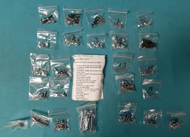 Interior Screw Kit - Charger  (181 screws)- 12 sill plate mldg. (outer), 3 dashlight, 4 steering collar, 6 windsheild mldg. 
(upper), 4 radio bezel, 6 heater panel, 4 side vent, 6 sunvisor, 3 center mirror, 2 kickpanel, 2 coat hook, 10 door seal, 8 quarter sel, 6 pillar mldg., 5 dash bezel, 8 armrest bezel and 8 armrest pad screws.