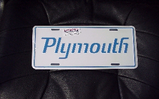 License Plate "Plymouth"- White background with "Plymouth" in blue
