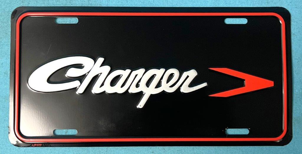 "Charger" silver and red logo on black background