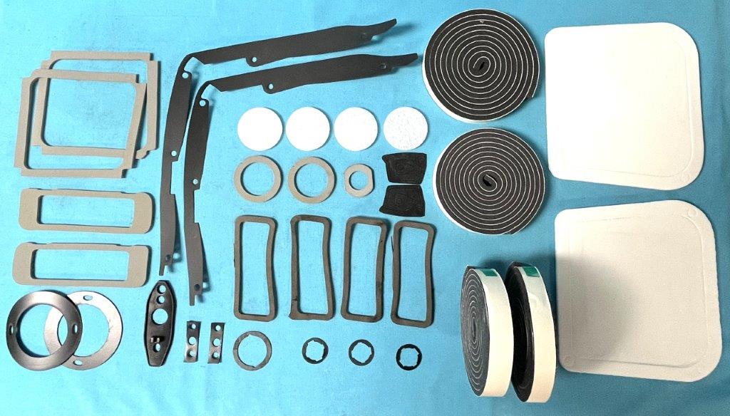Paint seal kit Rear bumper brace (4), tail light housing (2), side marker lens (4), door/trunk lock cylinder (3), door handle (2), antenna base (1), and mirror gaskets (1).
