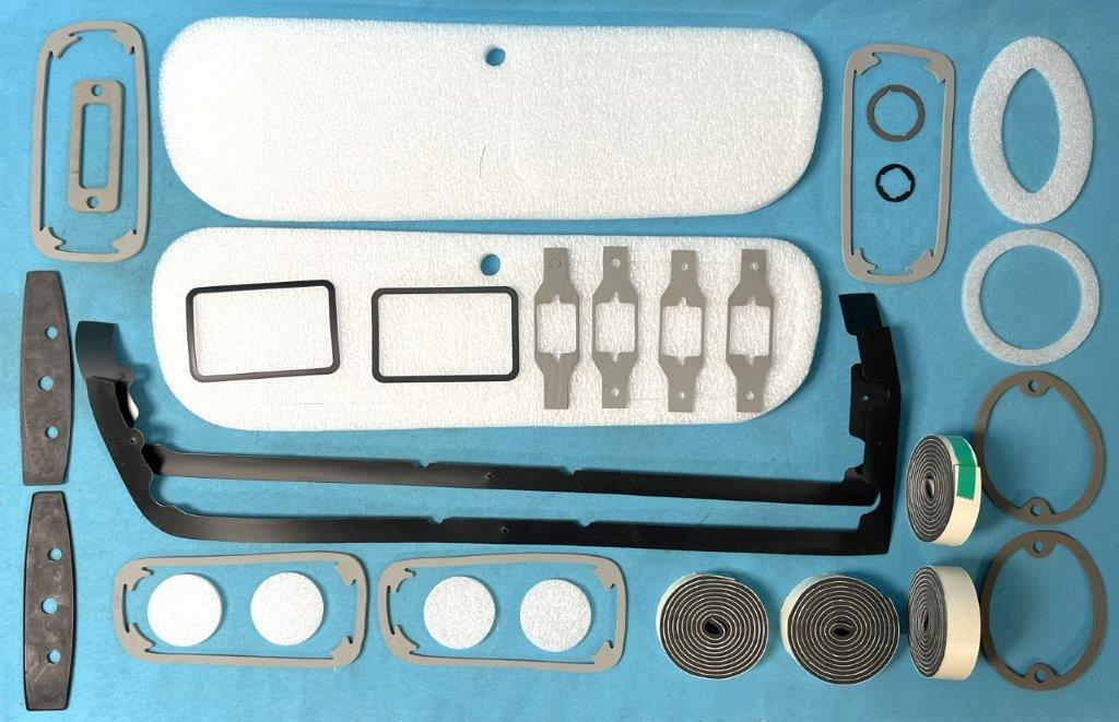 Paint seal kit Rear bumper brace (4), tail light housing (2), side marker lens (4), door/trunk lock cylinder (3), door handle (2), antenna base (1), and mirror gaskets (1).