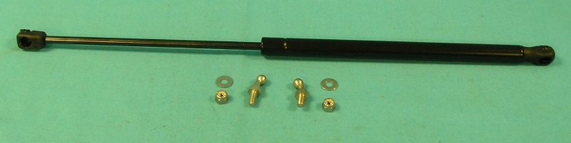 Trunk Lid Prop Strut Kit - Type A with ball studs -  This kit does not require drilling any holes in the trunk lid brace or inner quarter panel bracing.  The kit includes a new and unused, dampened, gas filled strut, special galvanized mounting studs, mounting hardware and detailed mounting instructions.. 

The special mounting studs are sized to properly fit in the existing holes (where the original prop rod "S" hooks fitted) and are bent to the proper angle for this application.  This kit includes flat washers and fiber lock nuts for attaching the mounting studs.  The detailed instructions describe installing the mounting studs and gas piston.