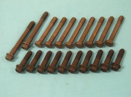 Stock Cylinder Head Hardware, 1967-and-later small-block head bolts.  Includes 20 bolts for attaching stock production heads.  Ten 1/2" x 1-7/8" bolts, eight 1/2" x 3-5/8" bolts, and two 1/2" x 4-5/8" bolts.