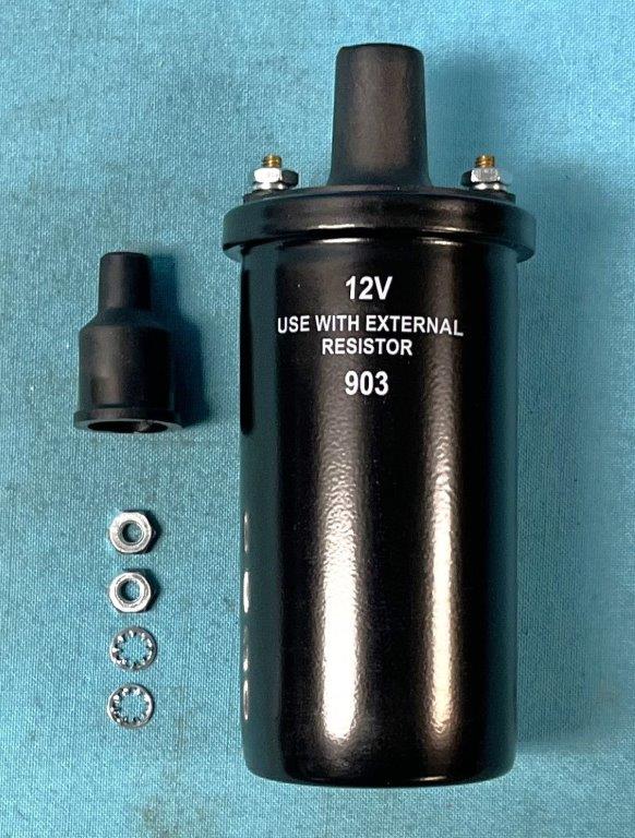 Ignition Coil - This ignition coil will fit all applications, but it is only correct for 1972 4-bbl models and all 1973-and-later models with electronic ignition.  New Replacement part with glossy black finish. Note:  This coil comes with zinc-plated nuts rather than the original brass nuts.  The original-style nuts are not currently available.