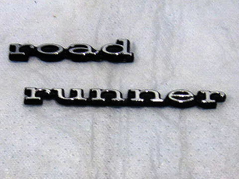Road Runner quarter panel nameplates, "Road" and - "runner".  Adhesive-backed emblems sold as a set only.  Factory Direct Chrysler Emblems.