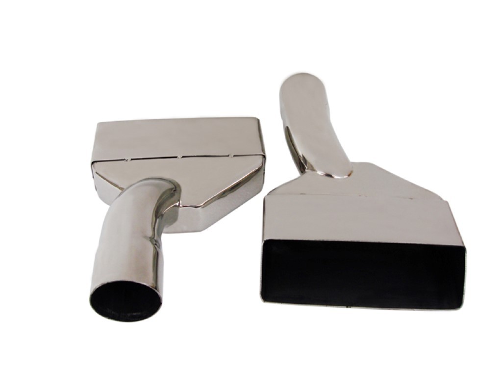 Stainless Tips - Pair- Not AAR - Custom Order 2-1/2". These are the "wide oval" extensions that fit through the rear valance panel on all factory 
dual-exhaust cars.  They have a 1-13/16" i.d. New Reproduction - Discount exempt