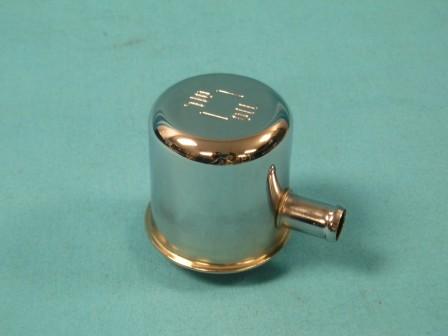 Chrome breather cap - Reproduction of the Chrome tall breather cap – has “OIL” on top and side vent tube.  This is the breather cap that has a "U" shaped metal clip at the bottom - not for valve covers with rubber grommets...discount exempt