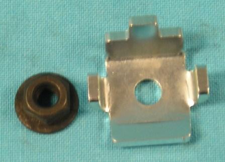 Throttle Cable Retaining Clip & Nut - New reproduction.  Comes with SEMS nut in correct brite zinc plated finish.