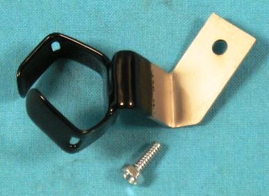 Positve battery cable frame bracket - Found on the left frame rail near shock tower.  Made from stainless steel to resist corrosion and is Thermo-plastic coated as original.  Correct indented hex head 10-24 trim screw included
