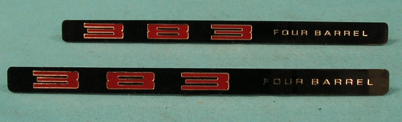 GTS Hood emblem "383 Four Barrel". These are an absolutely correct reproduction of the plastic insert for the hood trim.  Red lettering trimmed with silver on a black background as originals.  Installation instructions included. (each)