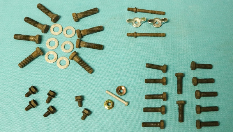 Intake Manifold Install Fastener Kit - 440 Six-Pack.  Includes:  intake manifold, carburetor, throttle cable bracket, coil bracket,anti-diesel solenoid, choke housing, air cleaner studs and wingnut fasteners.