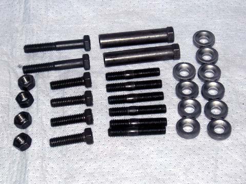 340 Exhaust Manifold Fastener Kit. - 28 pieces..  Includes: (4) Bolts, (6) studs, (4) nuts, (10) conical washers, & (2) Long sleeve nuts.