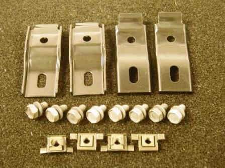 Fan Shroud Mounting Hardware kit - Used to mount
Original steel fan shrouds to 22” radiators.  Comes with
(4) powder coated brackets, (4) correct ¼-20 cage nuts
for the side brackets and (8) ¼-20 x ½” hex head coni
sems bolts for mounting the parts together - Discount Exempt