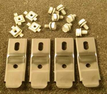 Fan Shroud Mounting Hardware kit - Radiator fan shroud mounting bracket kit.  Used to mount Original steel fan shrouds to 22” radiators.  Comes with(4) powder coated brackets, (4) correct ¼-20 cage nuts for the side brackets and (8) ¼-20 x ½” hex head coni sems bolts for mounting the parts together