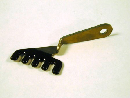 426 Hemi left wire separator bracket.  Used on all oval air cleaner and SHAKER equipped cars.  Bolts to front throttle return spring bracket bolt and faces forward.  Painted with engine assembly.  (1 per car needed)