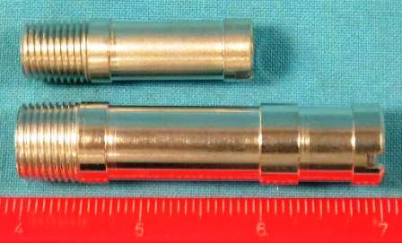 Heater Hose Fittings / Nipples -  Big-block and 426 Hemi engines.  This set contains one 1/2" hose fitting with a 1/4" NPT threaded end and is 1-3/4" long.  The other is a 5/8" fitting and has a 3/8" NPT threaded end and is 3" long.  Set comes with (#BW-84785 & (1) #BW-84727)  - Aftermarket