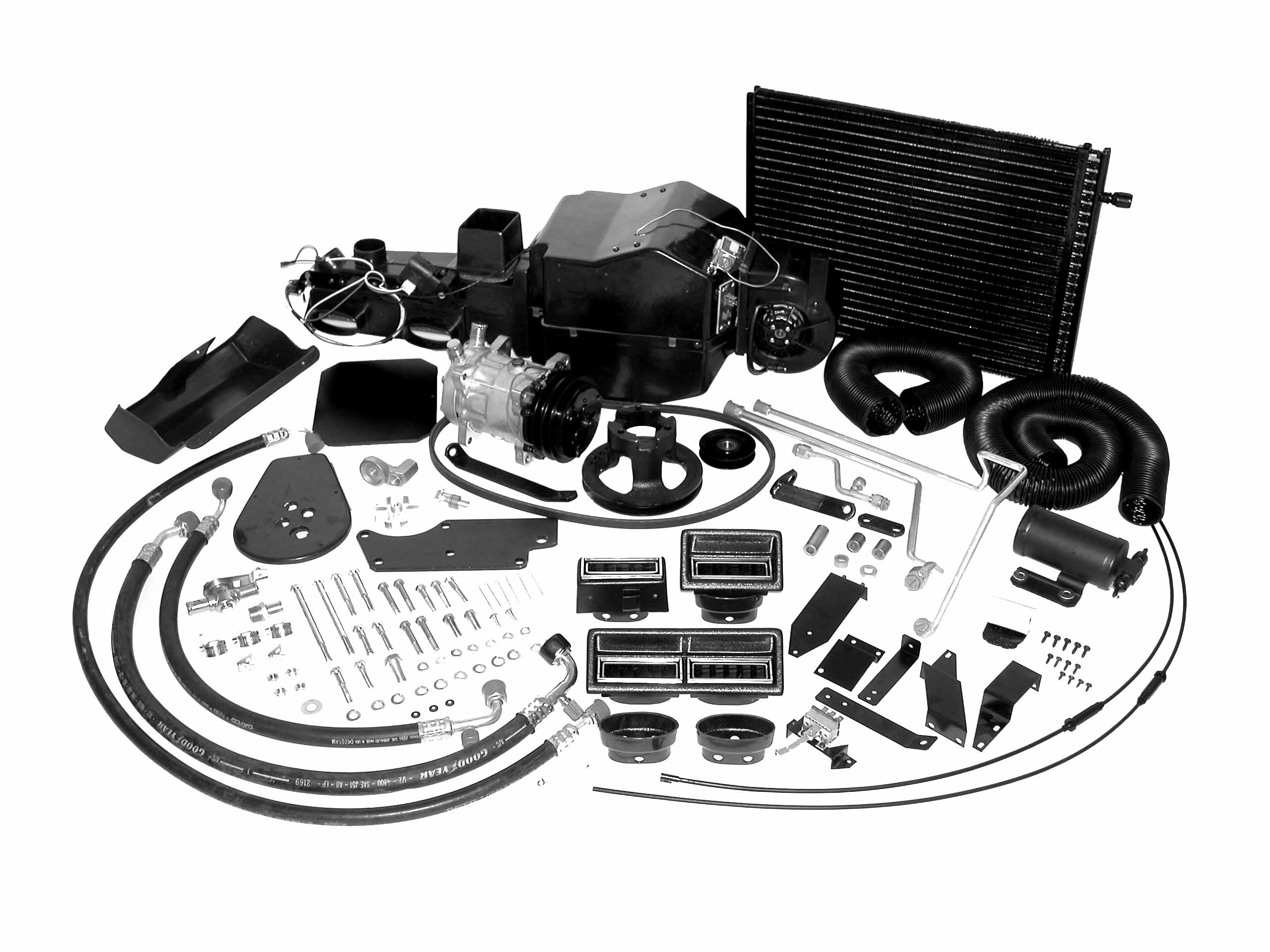 <b><u>NON-A/C Cars Conversion Kit:</b></u> In-Dash heat, cool and defrost total climate control system. Supplied with left, right and double center vents